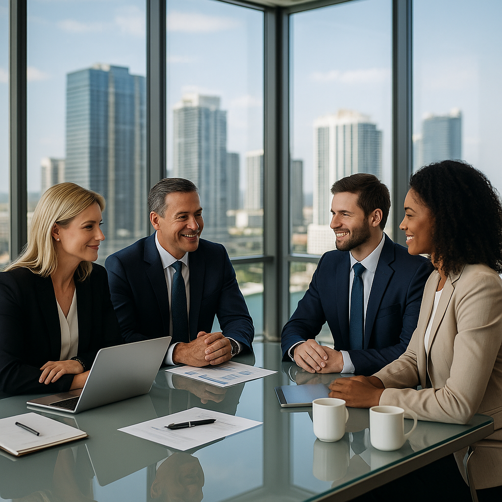 A group of professional consultants meeting around a modern glass table in a Miami high-rise office with panoramic city views, representing collaboration, expertise, and trust at Icaza Investments Corp.